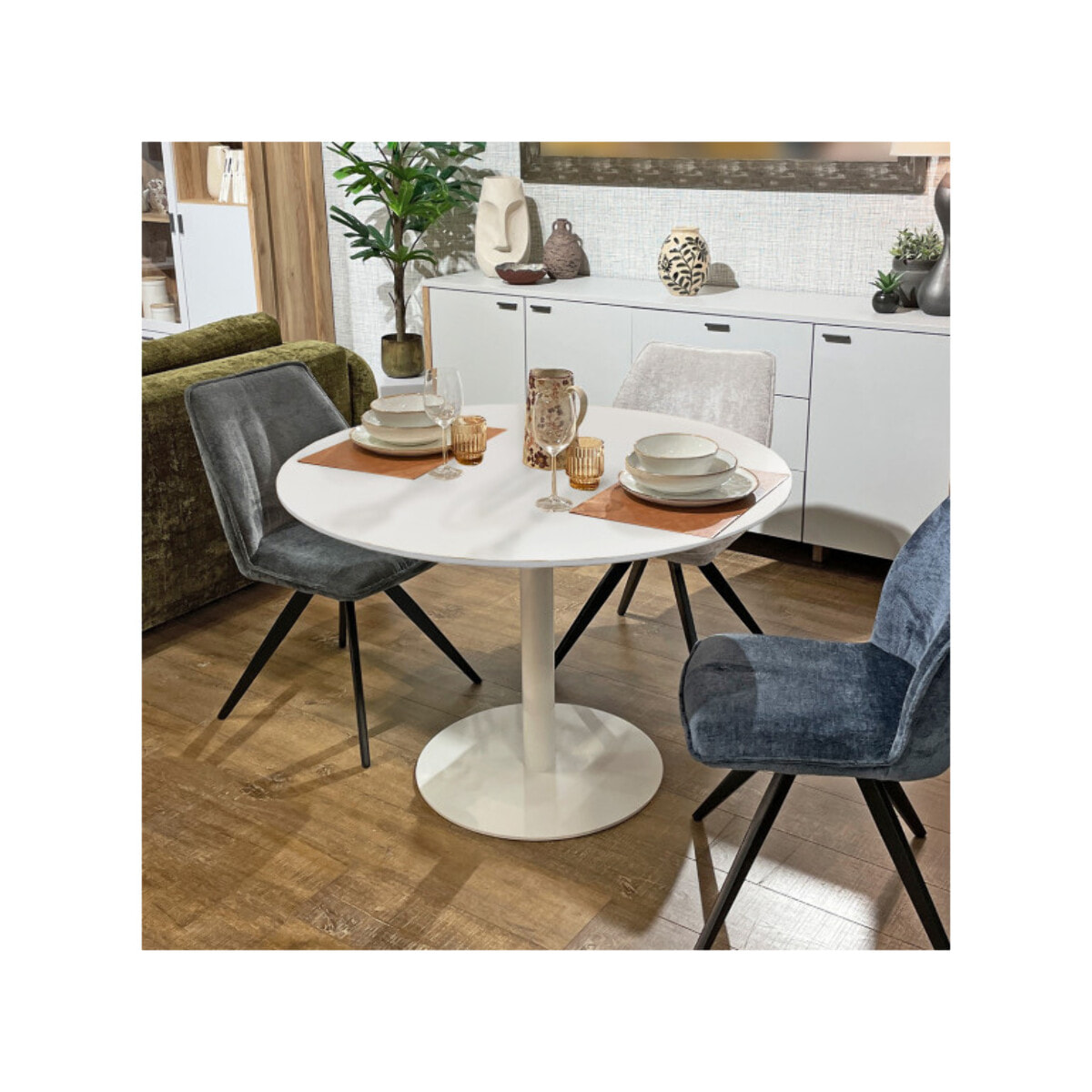 Table de repas ronde 110 cm plateau blanc mat pied métal blanc - FABIO