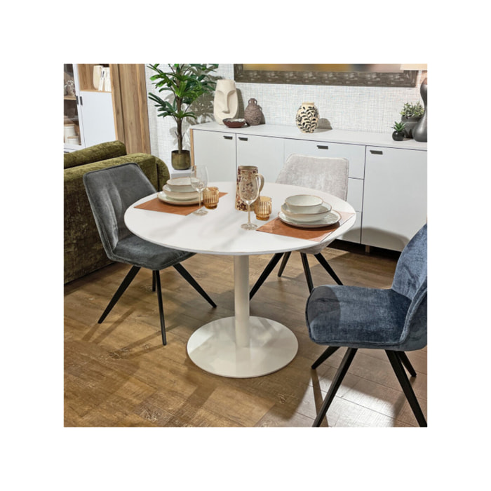 Table de repas ronde 110 cm plateau blanc mat pied métal blanc - FABIO