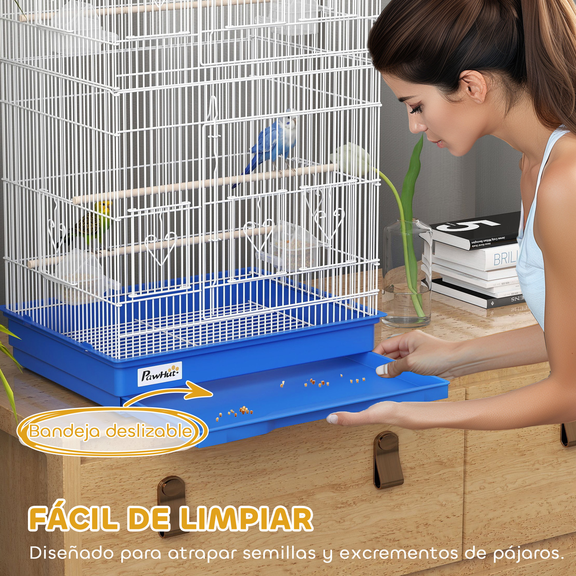 Jaula para Pájaros, Jaula de Metal para Pájaros con Puertas, 4 Comederos, 3 Perchas, Columpio, Bandeja Extraíble y Asa de Transporte, para Loro, Canario, Periquito, 46,5x35,5x92 cm, Azul