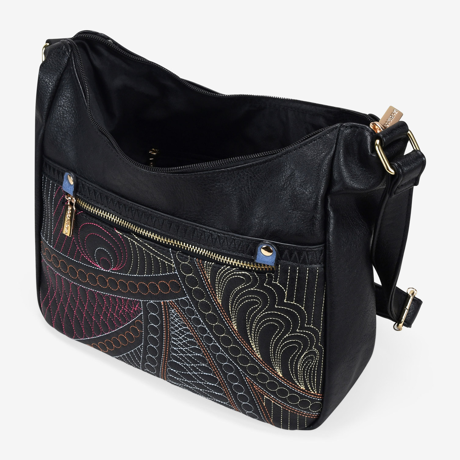 Bolso bandolera negro con cosidos y cremallera