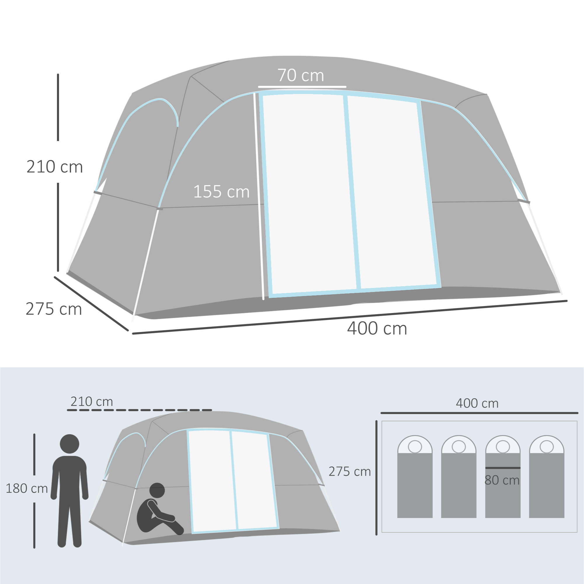 Tienda de Campaña Familiar para 4-8 Personas con 2 Dormitorios Tienda de Camping Grande con 2 Bolsillos y Ventanas con Malla Impermeable 400x275x210 cm Gris y Azul Claro