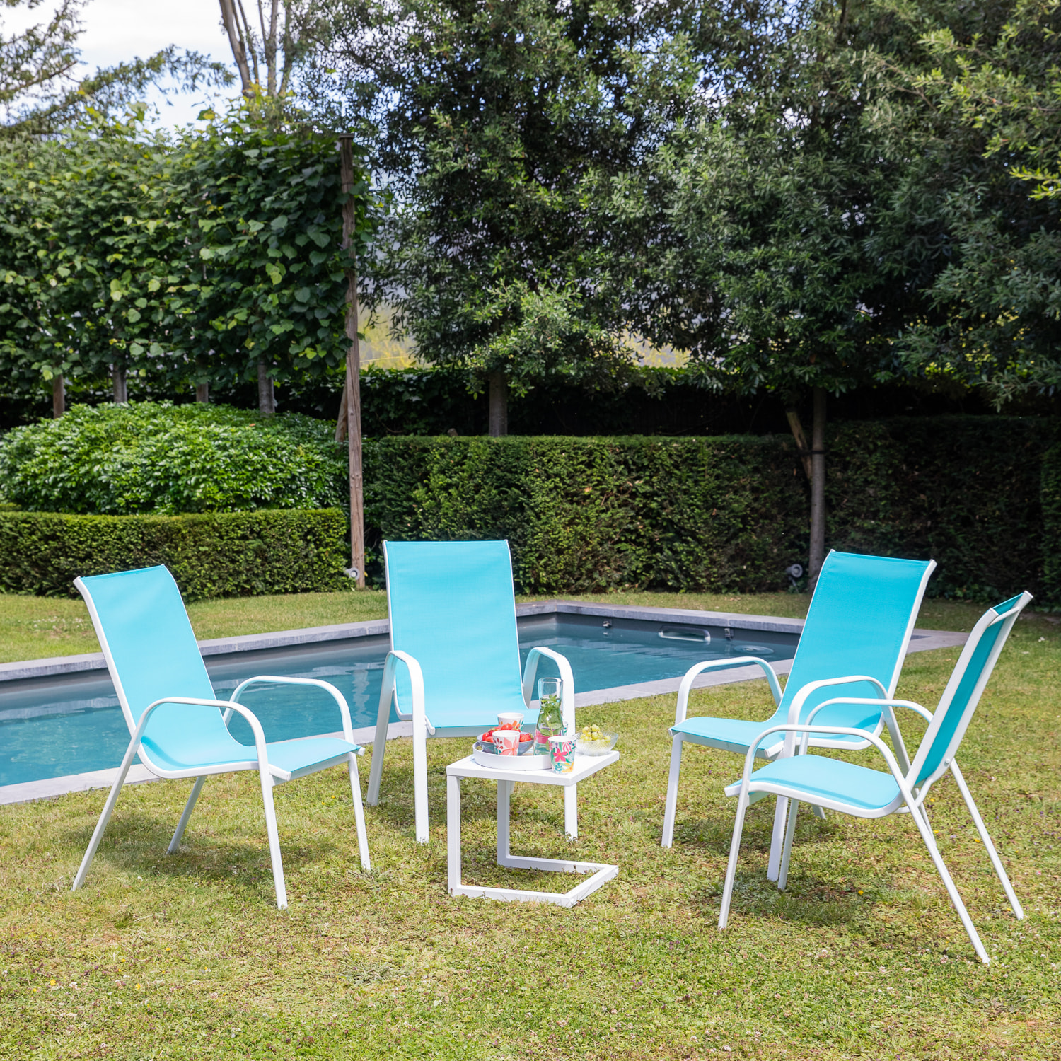 Lot de 4 chaises MARBELLA en textilène bleu - aluminium blanc