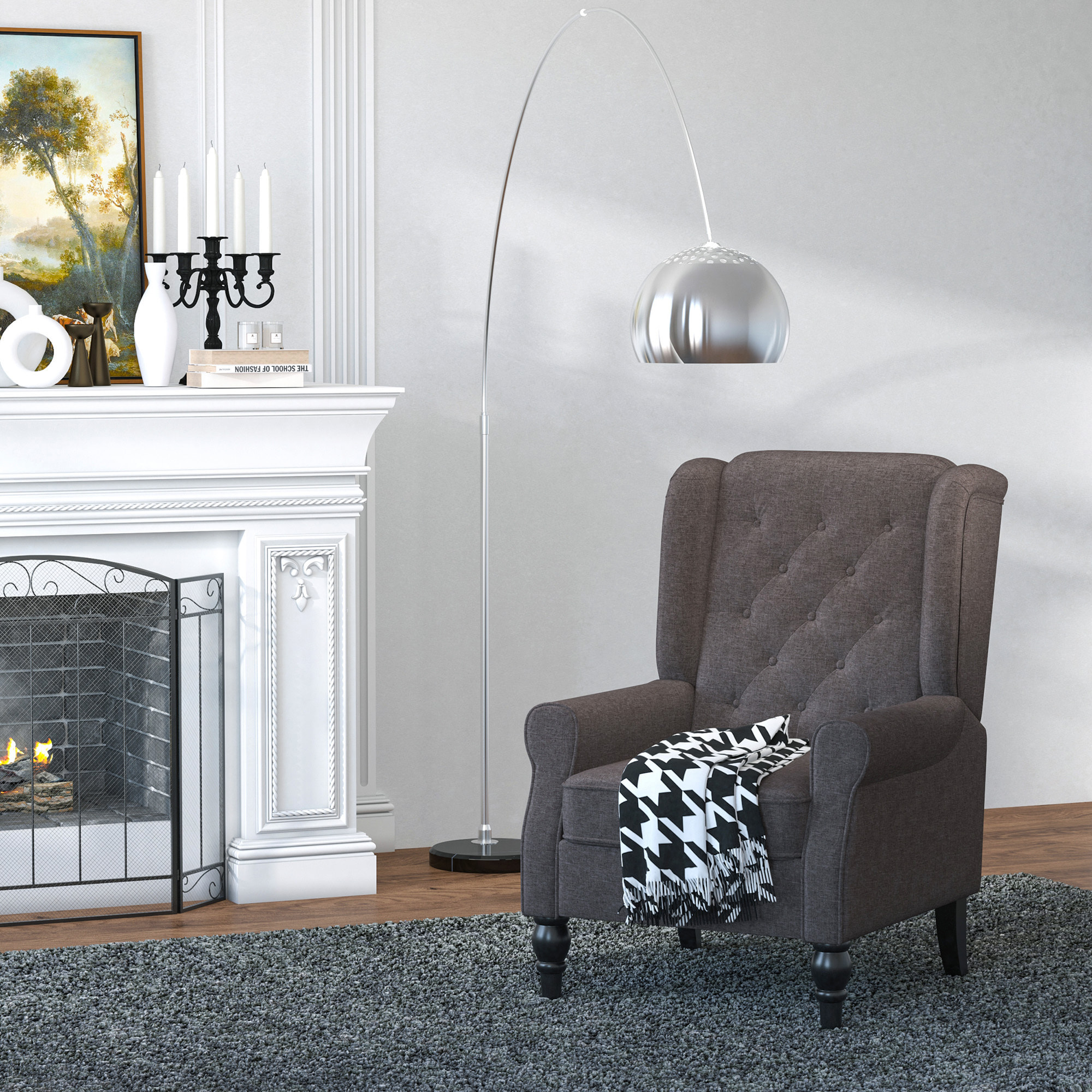 Fauteuil à oreilles style Chesterfield dossier capitonné grand confort bois noir tissu chocolat