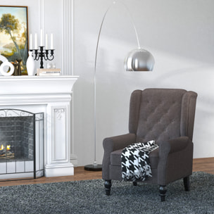Fauteuil à oreilles style Chesterfield dossier capitonné grand confort bois noir tissu chocolat