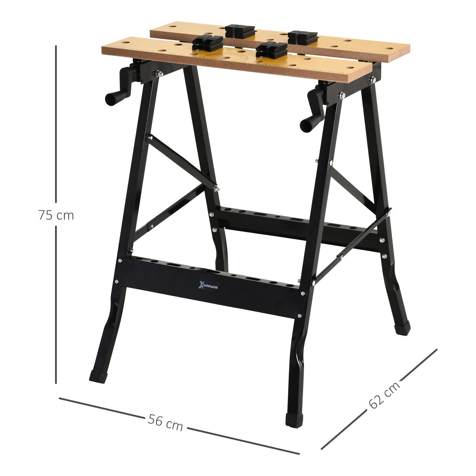 DURHAND Banco de Trabajo Plegable Mesa de Trabajo Portátil con 4 Abrazaderas Agujeros para Sierra Uso Doméstico Carpintería Hierro MDF Soporta 70 kg 56x62x75 cm Natural Negro