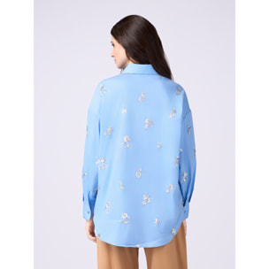Oltre - Camicia in popeline con ricami floreali - Azzurro