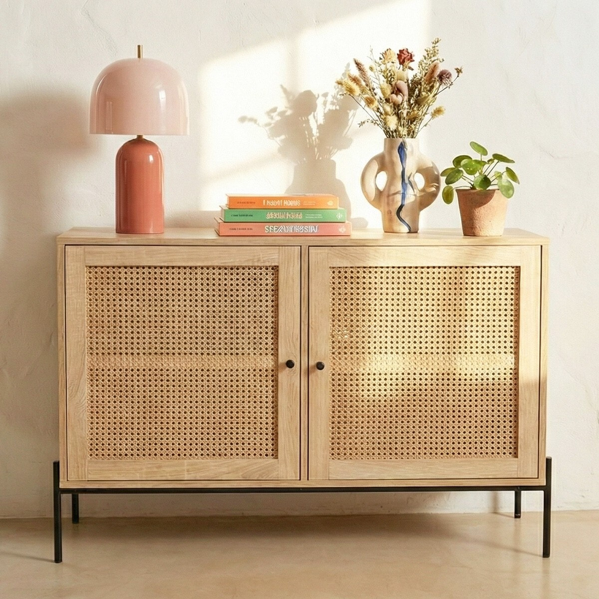 Buffet 2 portes en cannage et effet chêne - IRIS