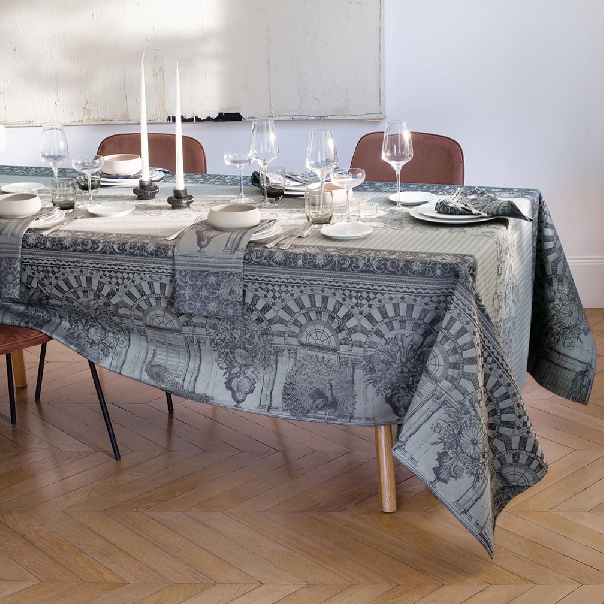 Nappe anti tache pur coton jacquard tissage fin Arcades cendre