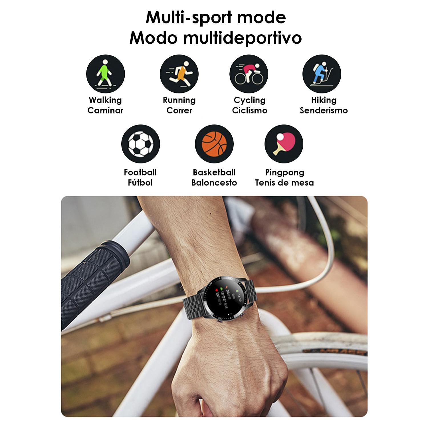 Smartwatch TK28 con cinturino in metallo, cardiofrequenzimetro, pressione sanguigna e monitor O2. Varie modalità sportive.