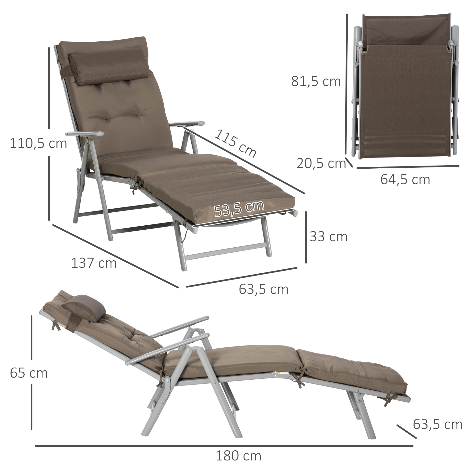 Tumbona Plegable Tumbona de Jardín con Respaldo Ajustable en 7 Posiciones con Cojín Cuerpo Entero y Cabeza para Terraza Piscina Carga 165 kg 137x63,5x100,5 cm Marrón