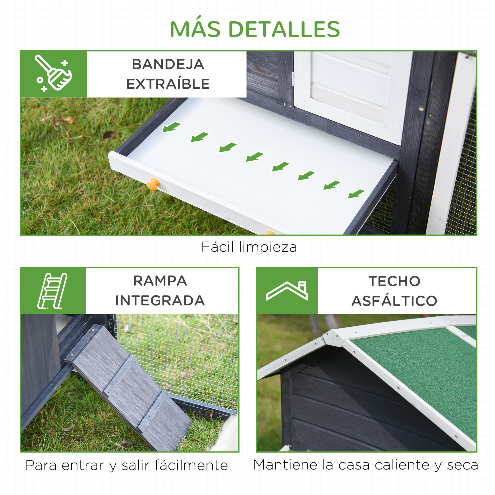 Gallinero de Madera Exterior Jaula Cercada para Gallinas con Caja Nido Corral de Metal Techo Asfáltico Bandeja Extraíble Ventana y Rampa 170x81x110 cm Gris