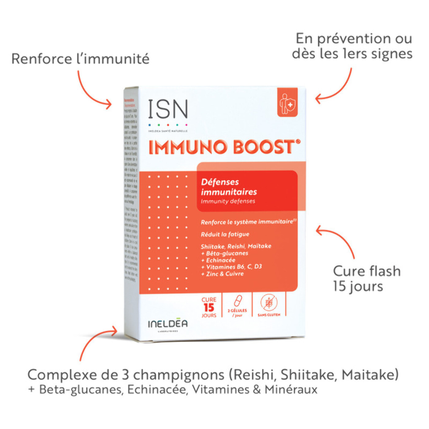 ISN - Immuno Boost - Complément alimentaire défenses immunitaires – Reishi, Shiitake, Maïtake, Bêta-glucanes, Échinacée, Vitamines C D B6, Zinc & Cuivre - 30 gélules végétales