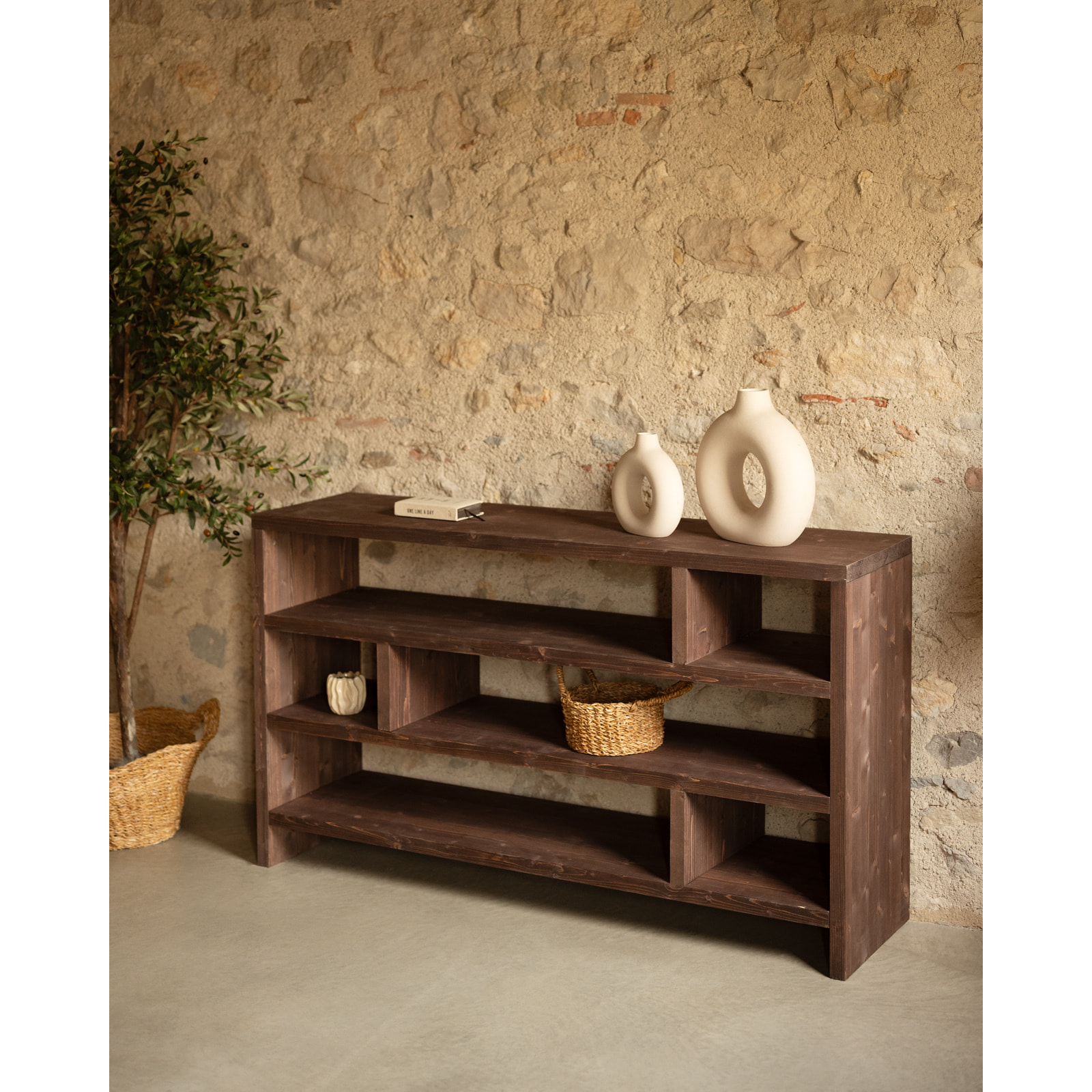 Étagère en bois massif ton noyer de 80x140cm Hauteur: 80 Longueur: 140 Largeur: 35