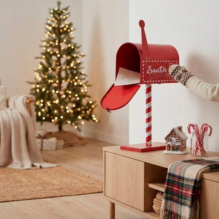 Buzón para cartas a papá noel con soporte en color rojo, mdf y madera 25x15,2x50,5 cm