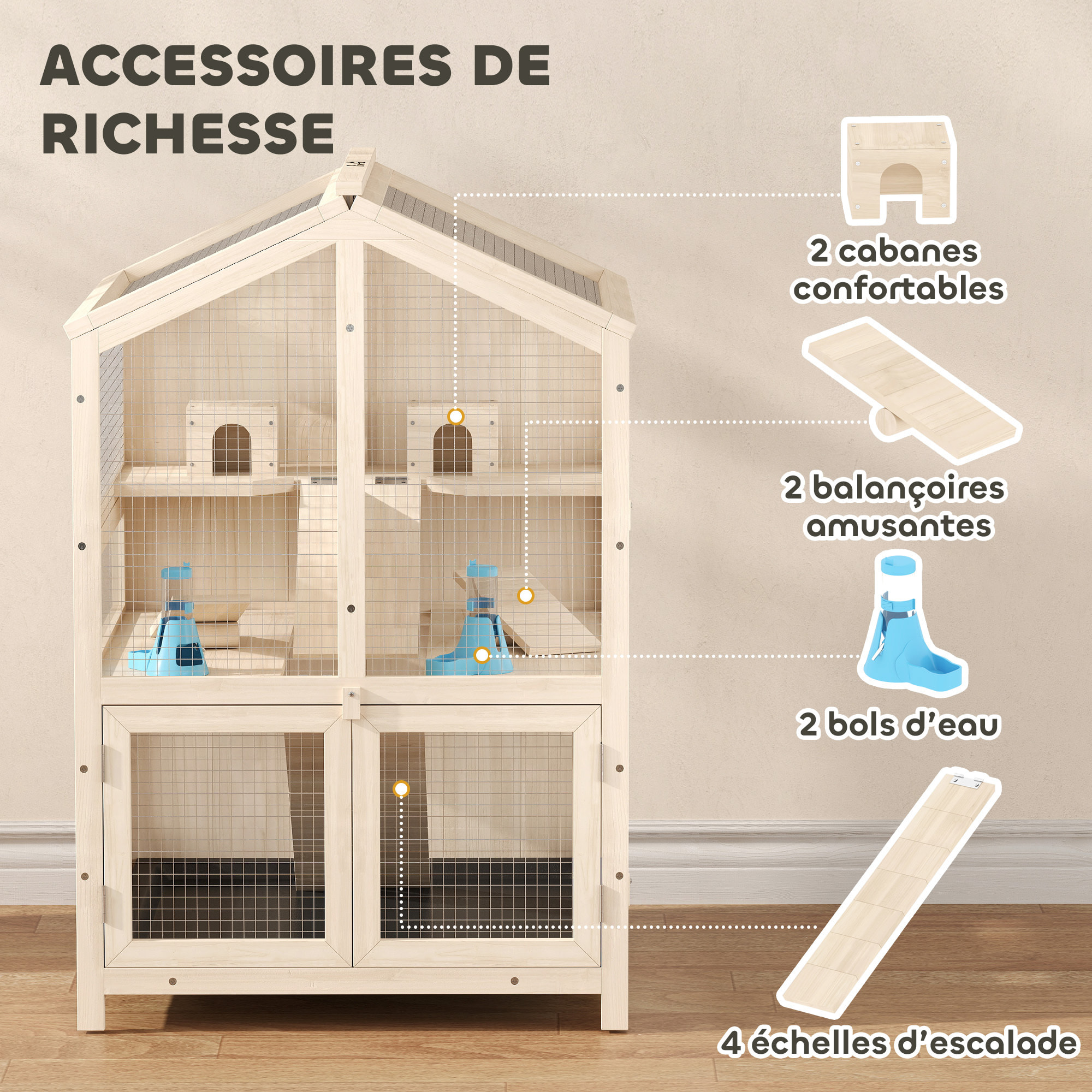 Cage hamster bois 3 niveaux 2 cabanes balançoires biberons 4 rampes