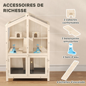 Cage hamster bois 3 niveaux 2 cabanes balançoires biberons 4 rampes