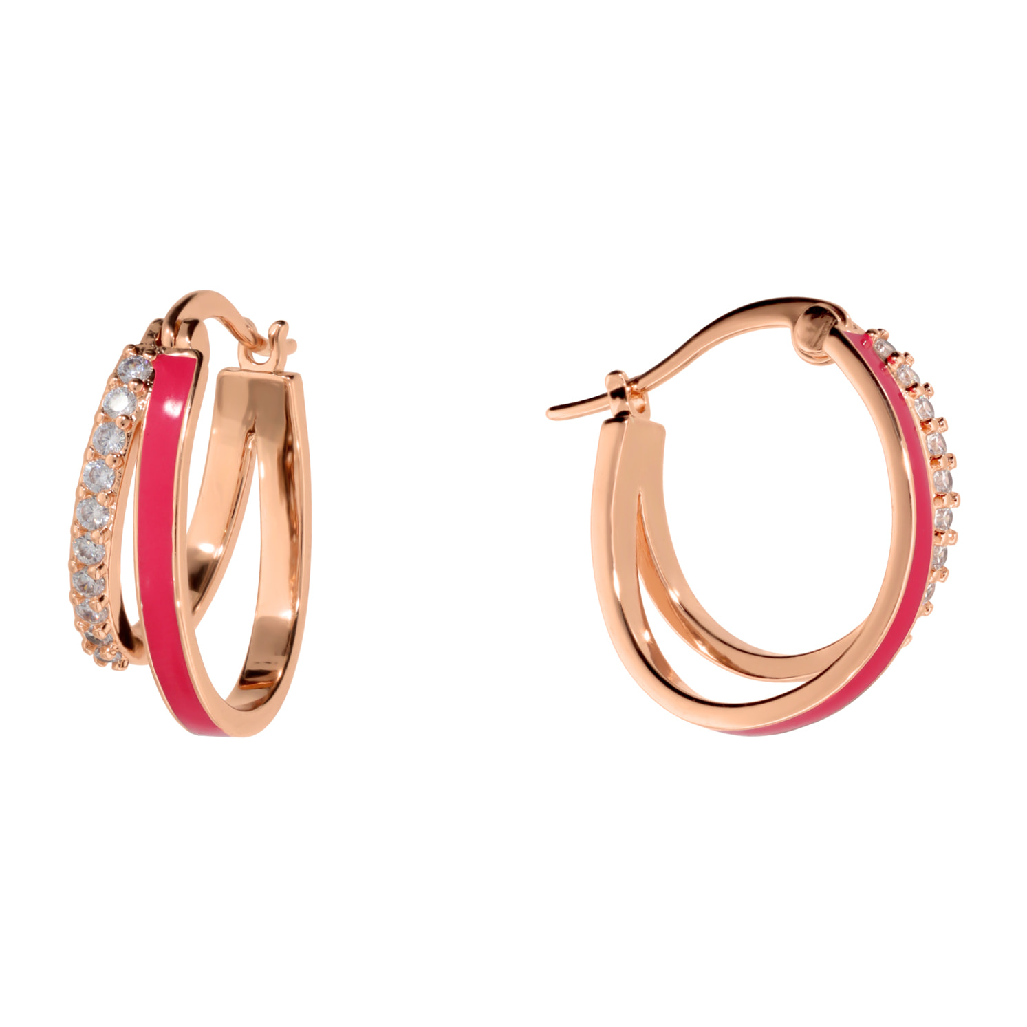 Orecchini a Cerchio Doppi Graduati con Smalto Fucsia e Pavé di Cubic Zirconia