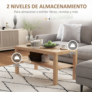 Mesa de Centro Mesa baja para Salón con 2 Estantes de Almacenamiento para Sala de Estar Dormitorio 90x45x44,5 cm Natural