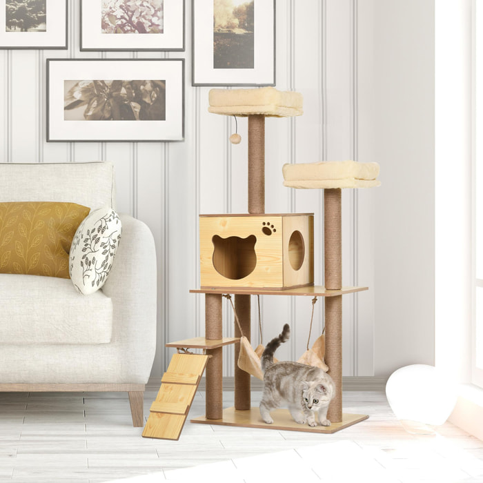 Árbol Rascador para Gatos Altura 130 cm Torre para Gatos con Postes Rascadores de Yute 2 Camas Hamaca Cueva Bola Colgante y Rampa 60x40x130 cm Natural