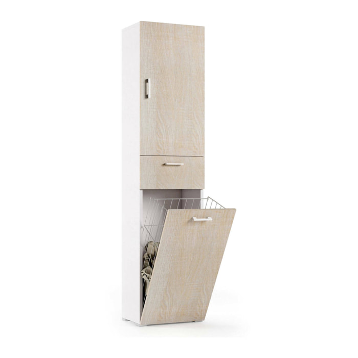 Armadio multiuso Aryanne, Mobile lavanderia lineare a 2 Ante, Colona da bagno con cestello portabiancheria, 100% Made in Italy, 45x32h195 cm, Rovere e Bianco