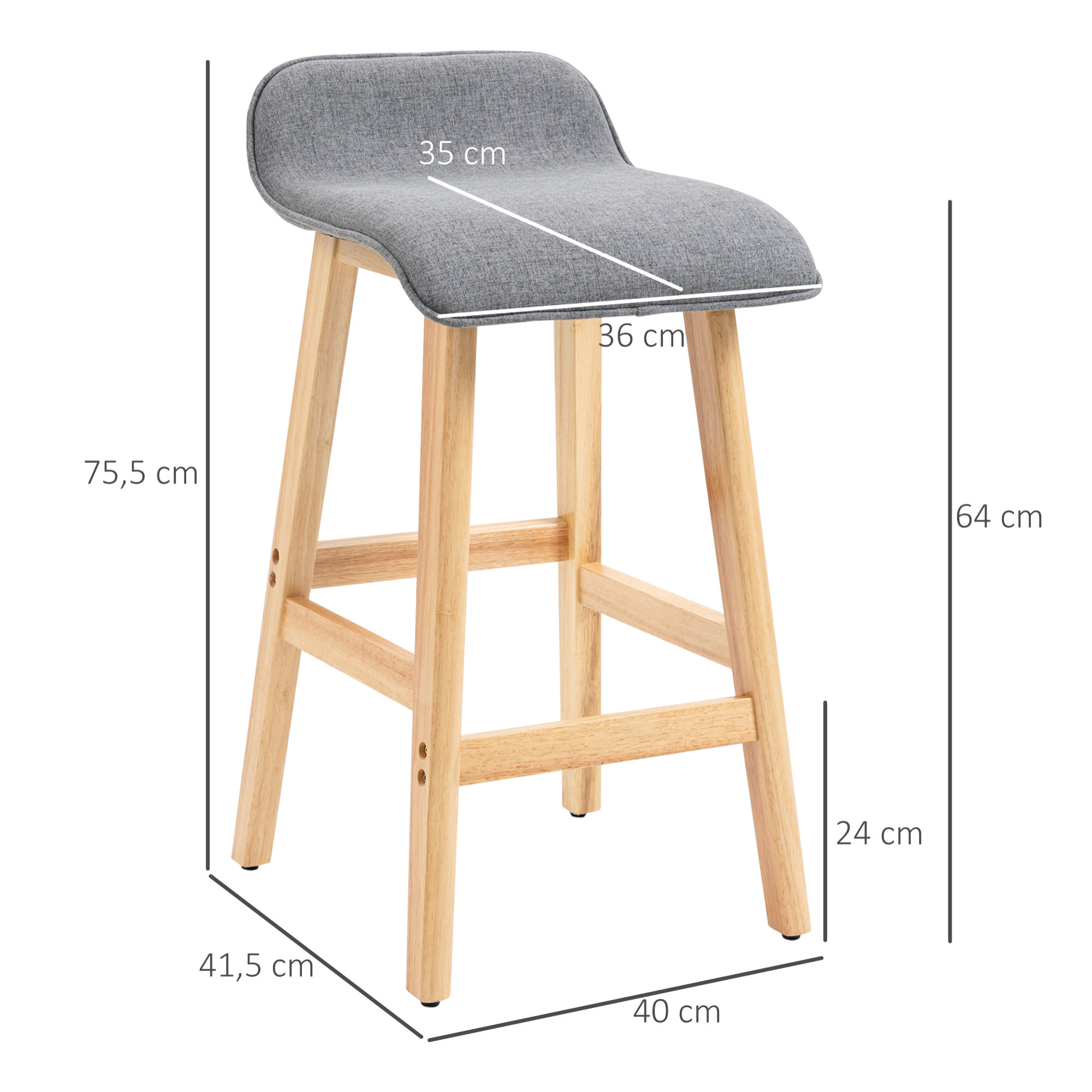 Conjunto de 4 Taburetes de Bar Tapizado en Lino Sintético Taburetes Altos de Cocina con Reposapiés y Patas de Madera Carga 120 kg 40x41,5x75,5 cm Gris y Natural