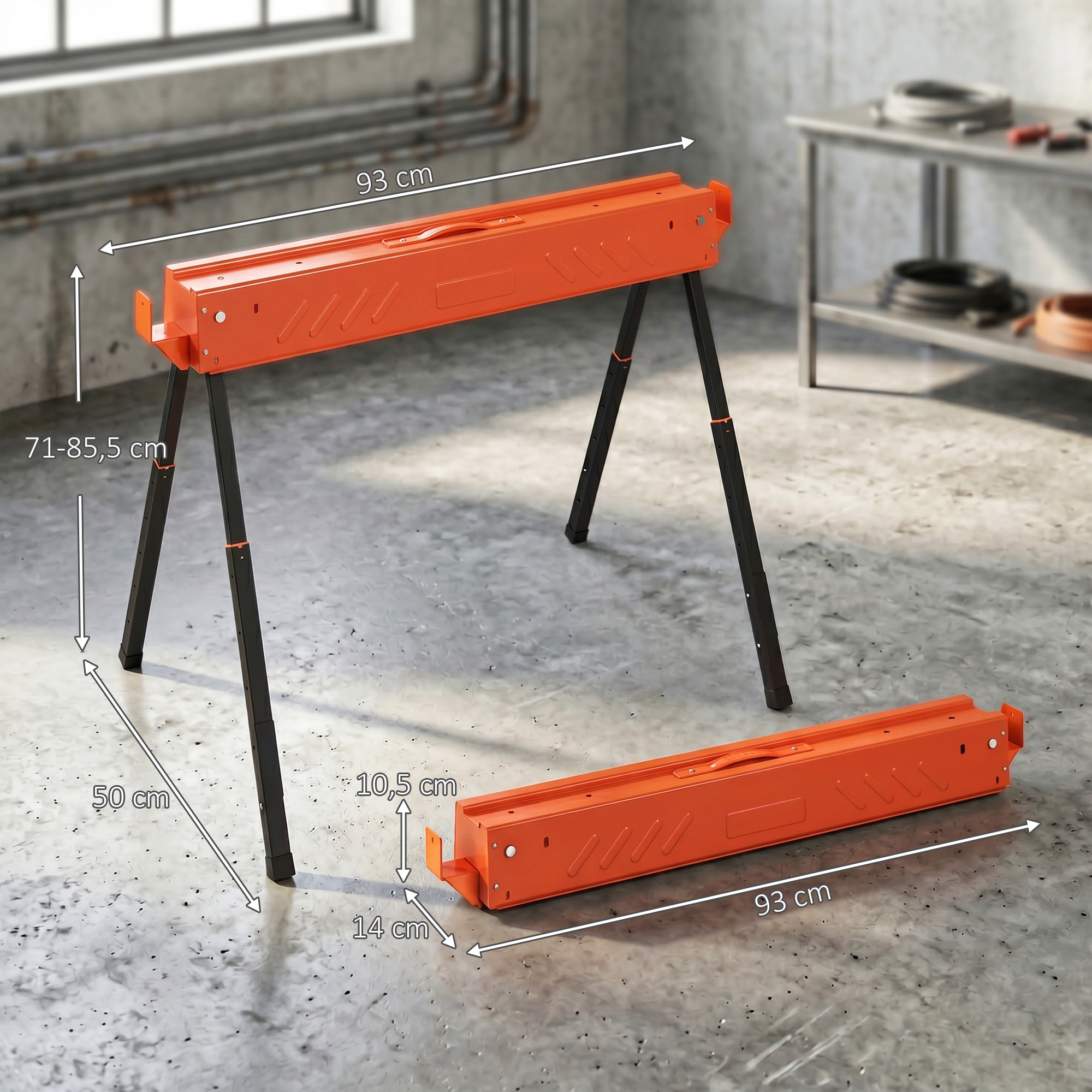 Lot de 2 tréteaux pliables portables télescopiques 71-85cm - 500Kg max. - métal noir orange