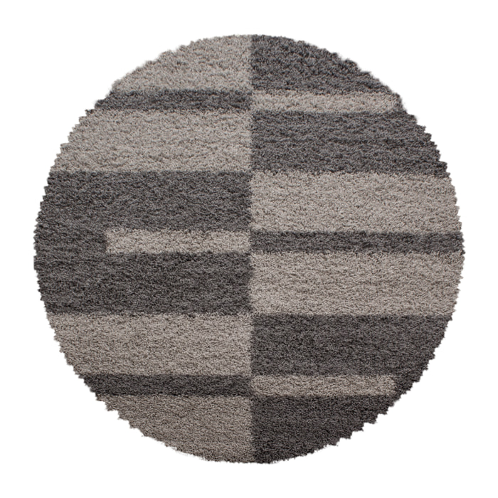 GALA - Tapis shaggy rond à poils longs motif géométrique taupe