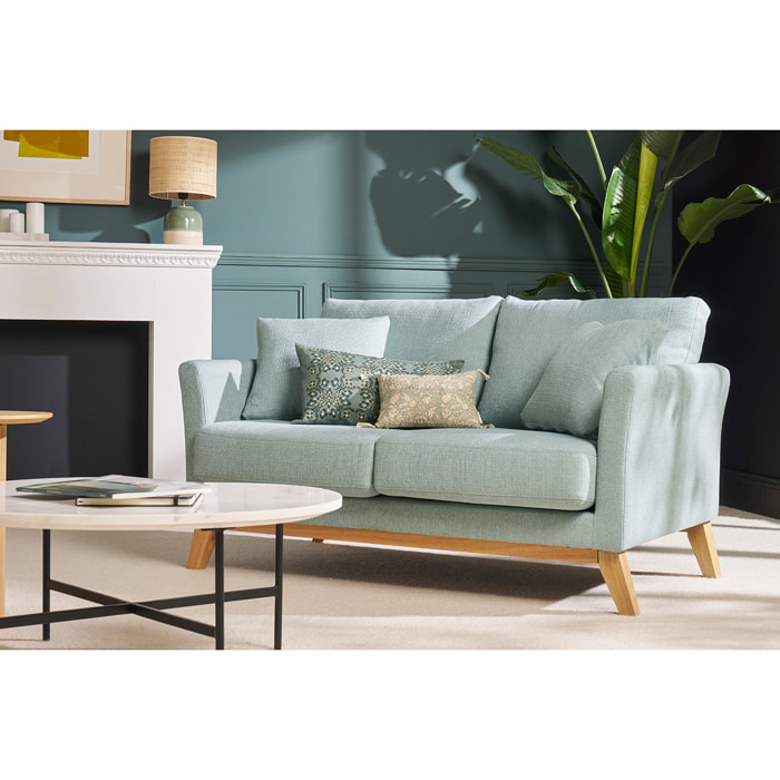 Canapé scandinave déhoussable 2 places en tissu vert lagon et bois clair OSLO