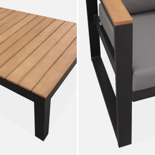 Salon de jardin 5 places en aluminium et eucalyptus – NAZCA – Structure noire. Coussins gris foncé