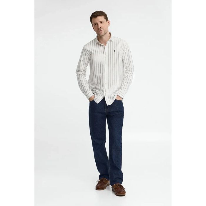 Camisa de rayas color crudo y azul marino de cuello italiano, corte regular y bordado Rigby go
