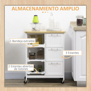 Carro Auxiliar de Cocina Carrito Verdulero con 3 Cajones 2 Estantes Abiertos y Bandeja Extraíble para Comedor Salón BCarga 40 kg 67x37x87 cm Blanco