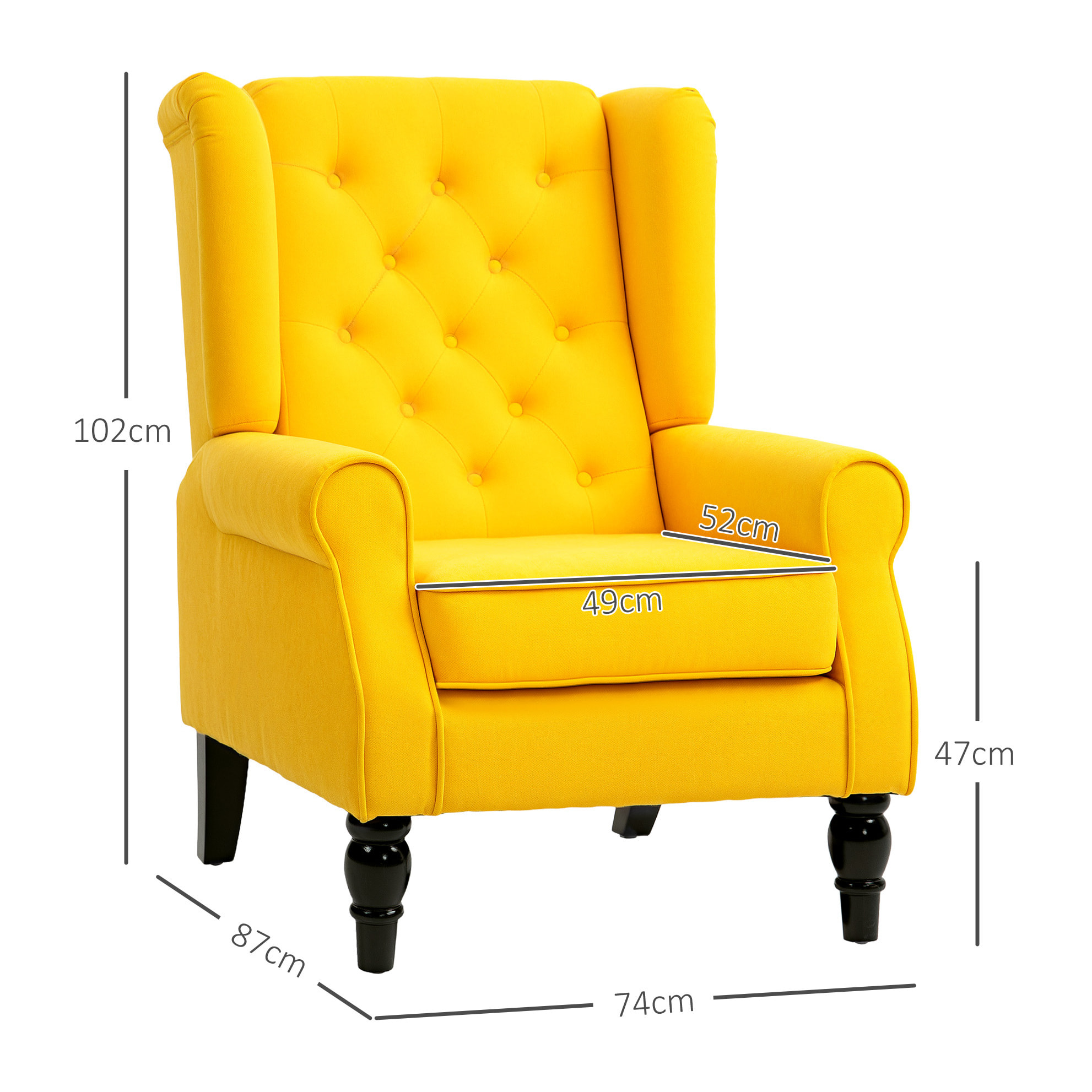 Sillón Orejero Moderno, Butaca de Salón con Reposabrazos y Patas de Madera, Sofá Individual Carga 160 kg para Oficina, Sala de Estar y Dormitorio, Amarillo