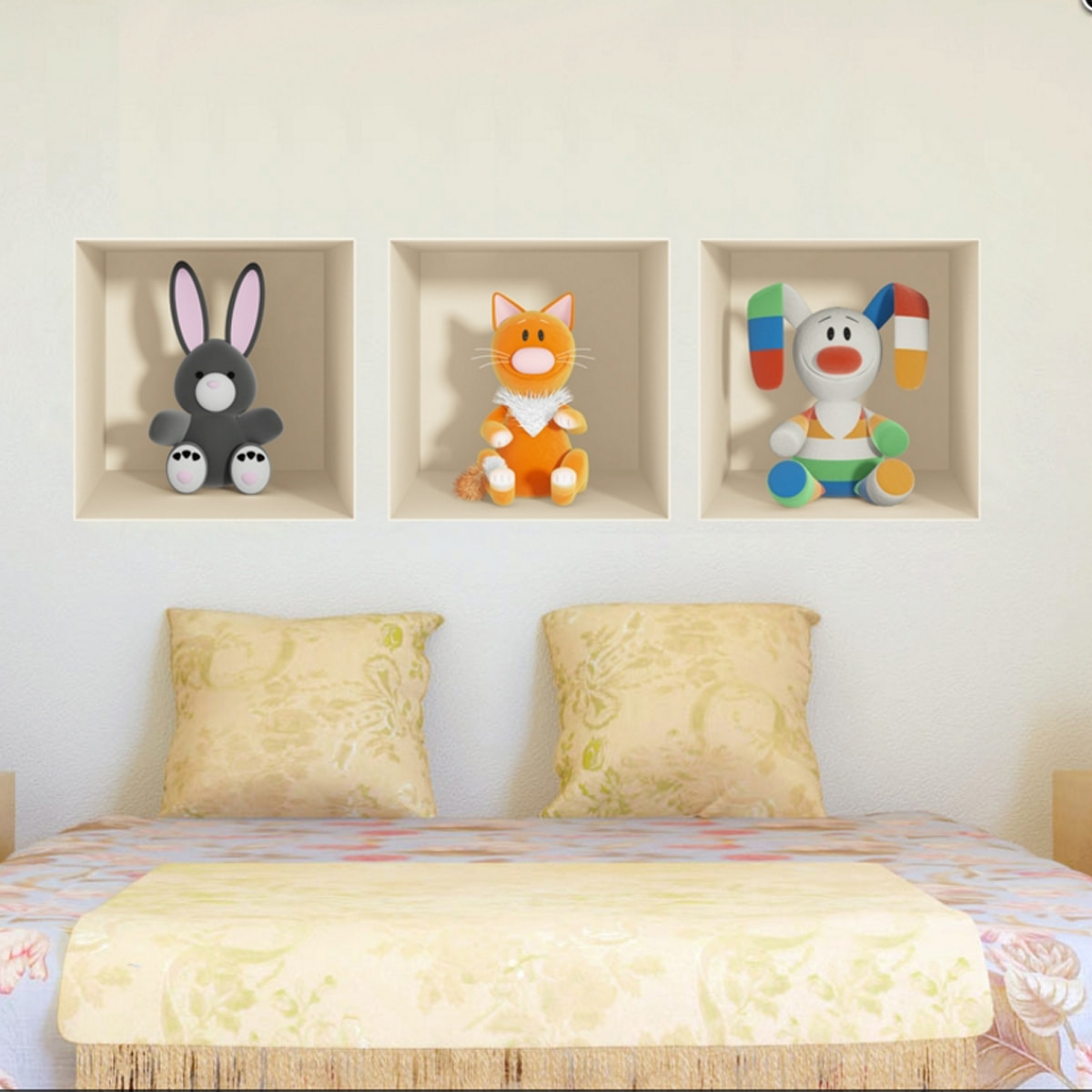 Stickers muraux 3D | Sticker Mural Autocollant effet 3D jouets Lapin gris, chat et lapin en couleur - Stickers adhésifs 3D Chambre Salon Trompe l'oeil