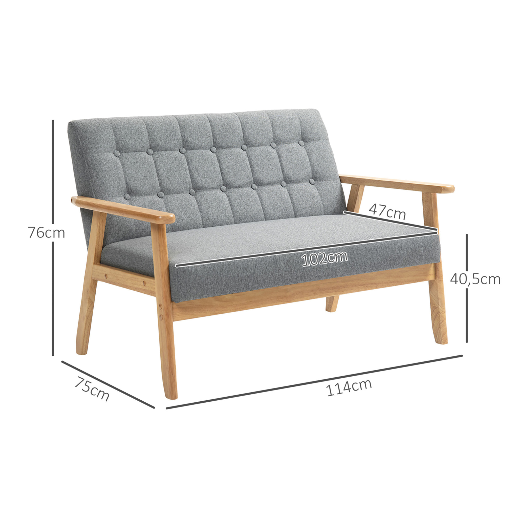 Sillón de 2 Plazas Sofá de 2 Plazas Tapizado en Lino con Reposabrazos de Madera Respaldo Acolchado Carga 250 kg Sillón para Salón Dormitorio Gris Claro