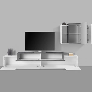Parete attrezzata Alaskino, Set salotto porta TV, Mobile soggiorno multiuso, 100% Made in Italy, cm 240x45h180, Bianco lucido e Ardesia