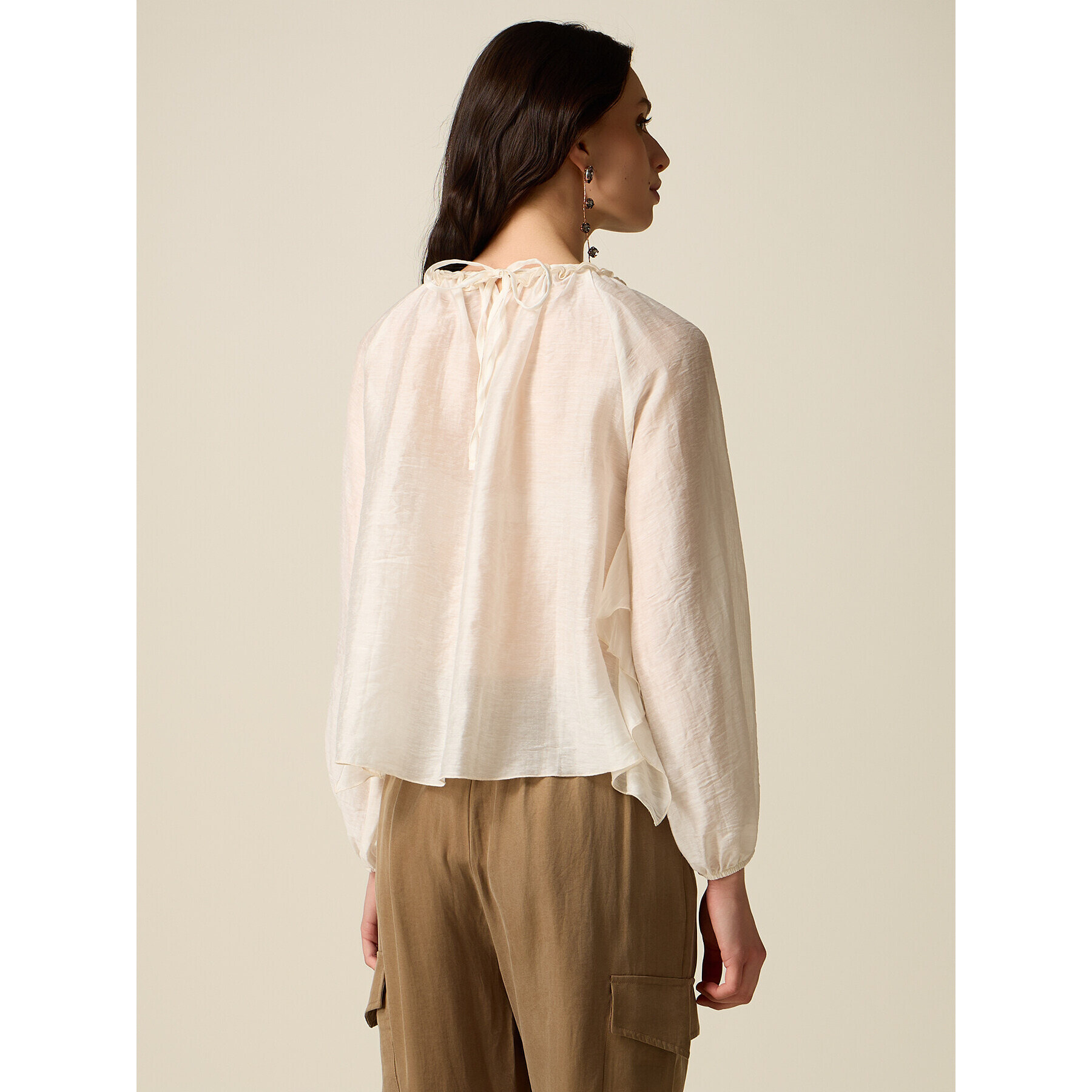 Oltre - Blusa in voile misto lino con volants - Bianco