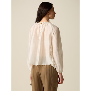 Oltre - Blusa in voile misto lino con volants - Bianco