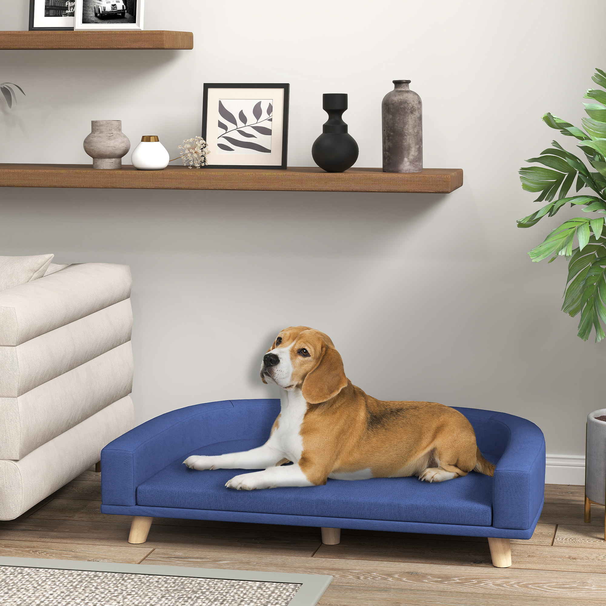 Canapé chien lit pour chien design scandinave coussin déhoussable dim 98L x 67l x 25H cm pieds bois tissu polyester bleu