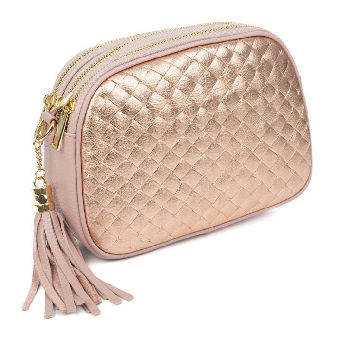 Aliminusa bolso bandolera Mujer. Piel auténtica Gamuza con grabado entrelazado y lacada brillante combinado con Dollaro.