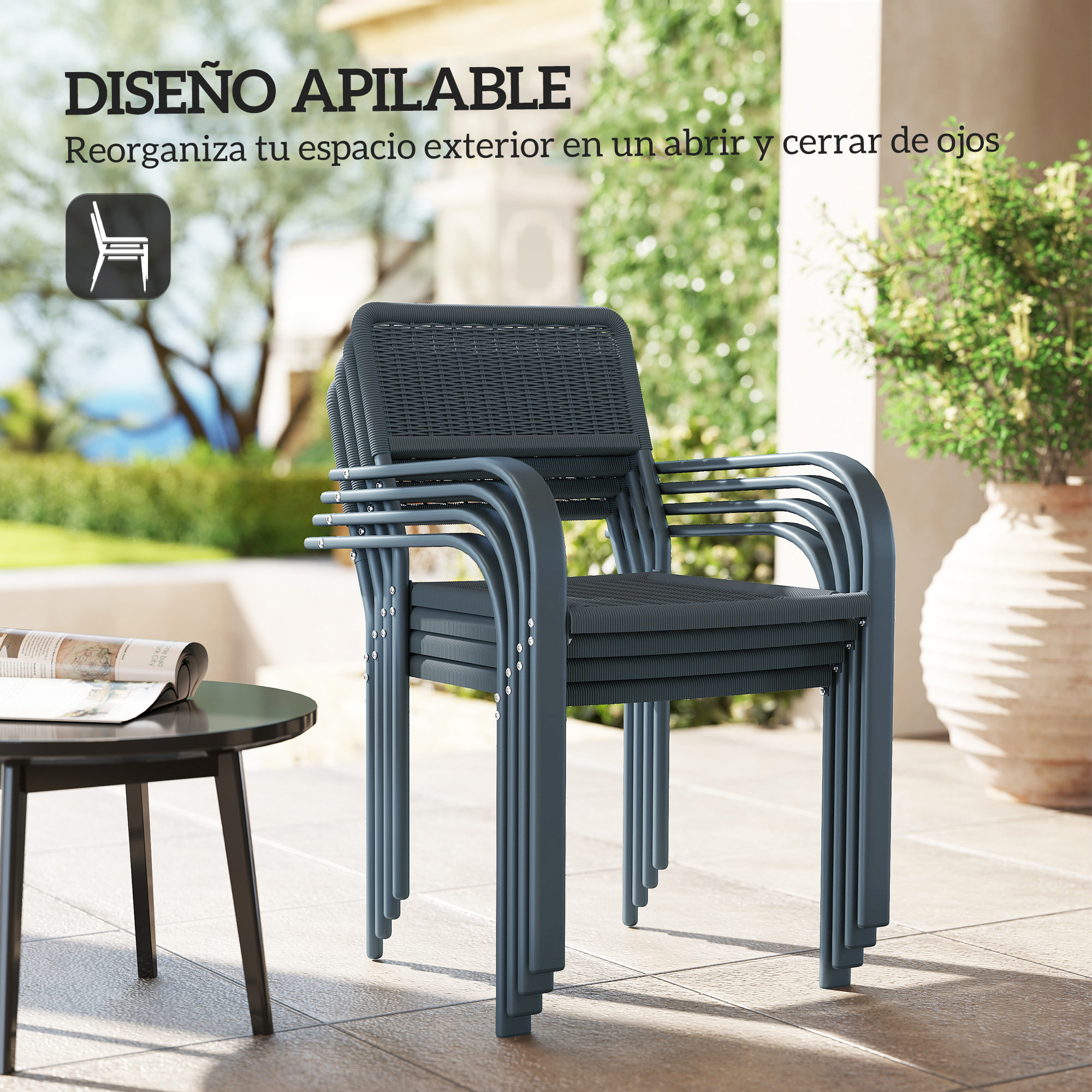 Juego de 4 Sillas de Jardín Exterior Apilables, Sillas de Comedor Exterior Efecto Ratán, con Reposabrazos, Marco de Acero, Resistente a la Intemperie y Ligero, 55x60x83 cm, Gris Oscuro