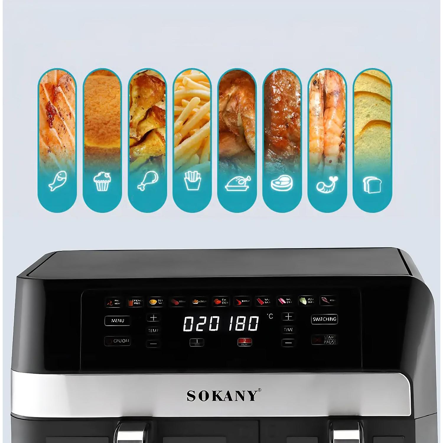 Freidora de aire sin aceite dual, doble cesta 11L (7L+4L). Ajuste de temperatura multifunción, panel táctil , múltiples programas, con ventana visualización. 2800W.