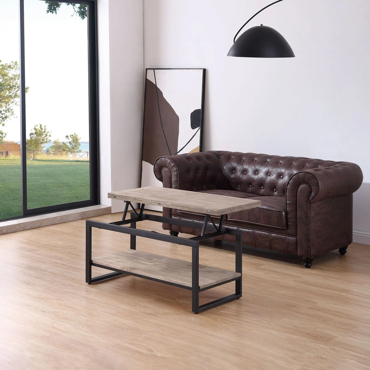 Mesa de centro elevable y extensible en negro y roble honey 46-91x48,3-57,6 Rens Roble Honey - Negro