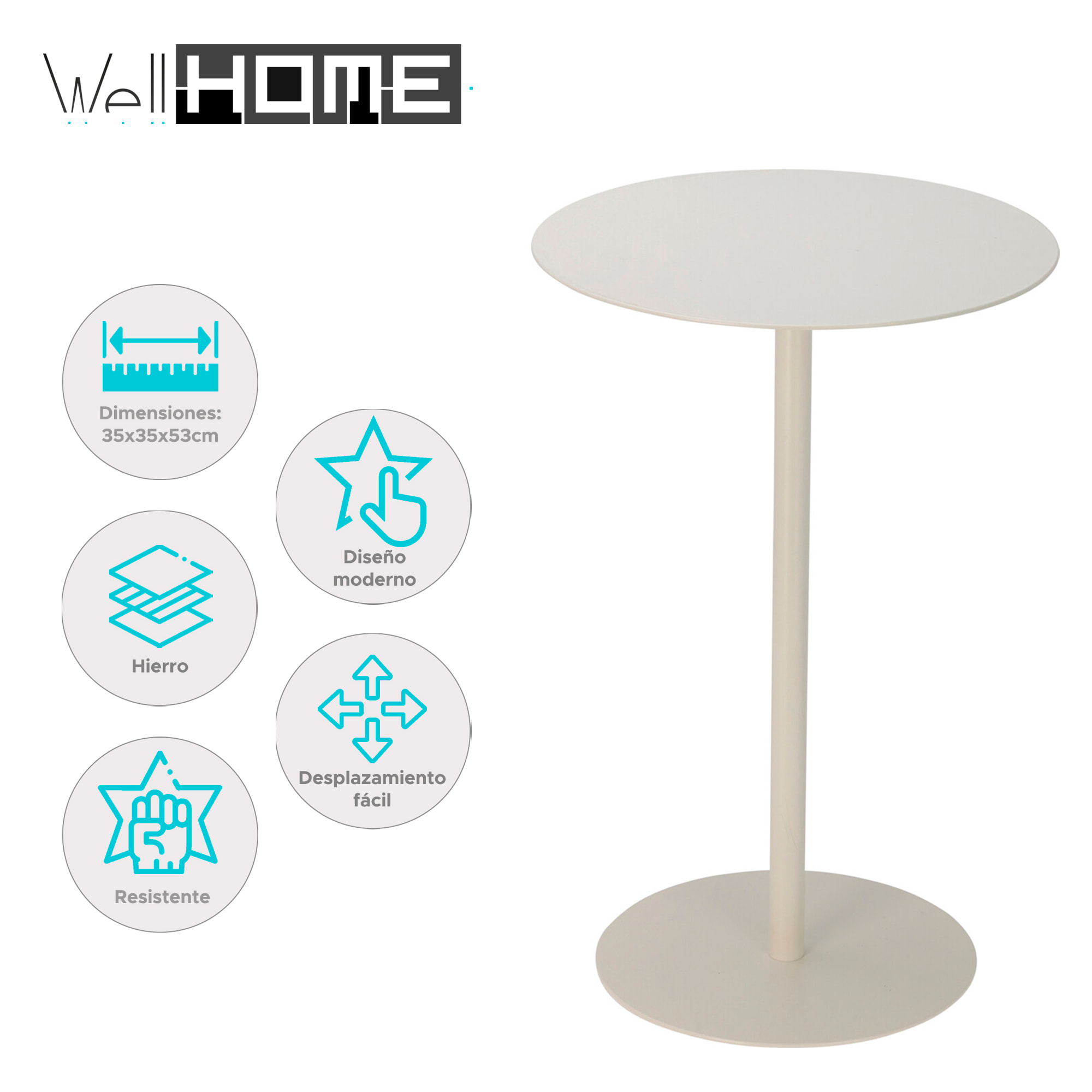 Mesa auxiliar redonda de hierro blanco diseño versátil y ligero para decorar tu hogar 35x35x53cm