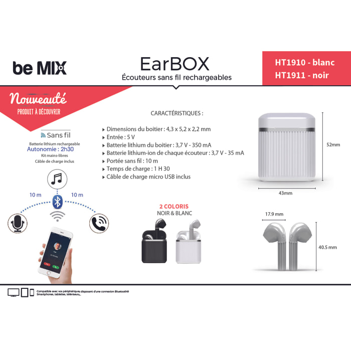 Ecouteurs Earbox Classique Sans Fil Noir