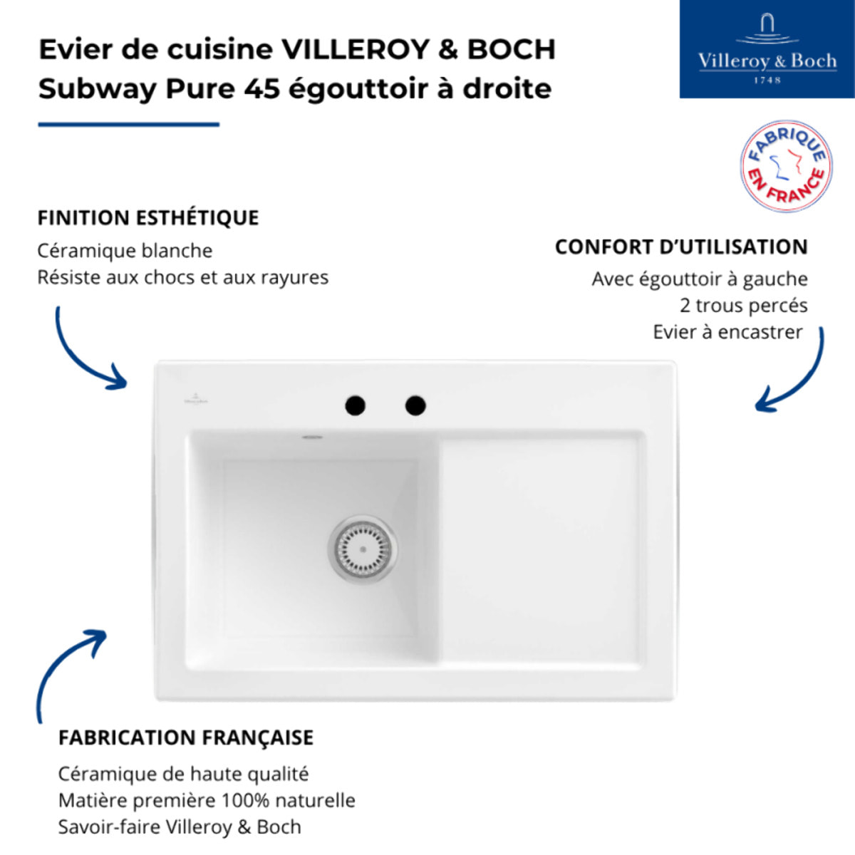 Evier 1 bac avec egouttoir a droite Subway Pure 45 78 x 51 cm Blanc sans vidage