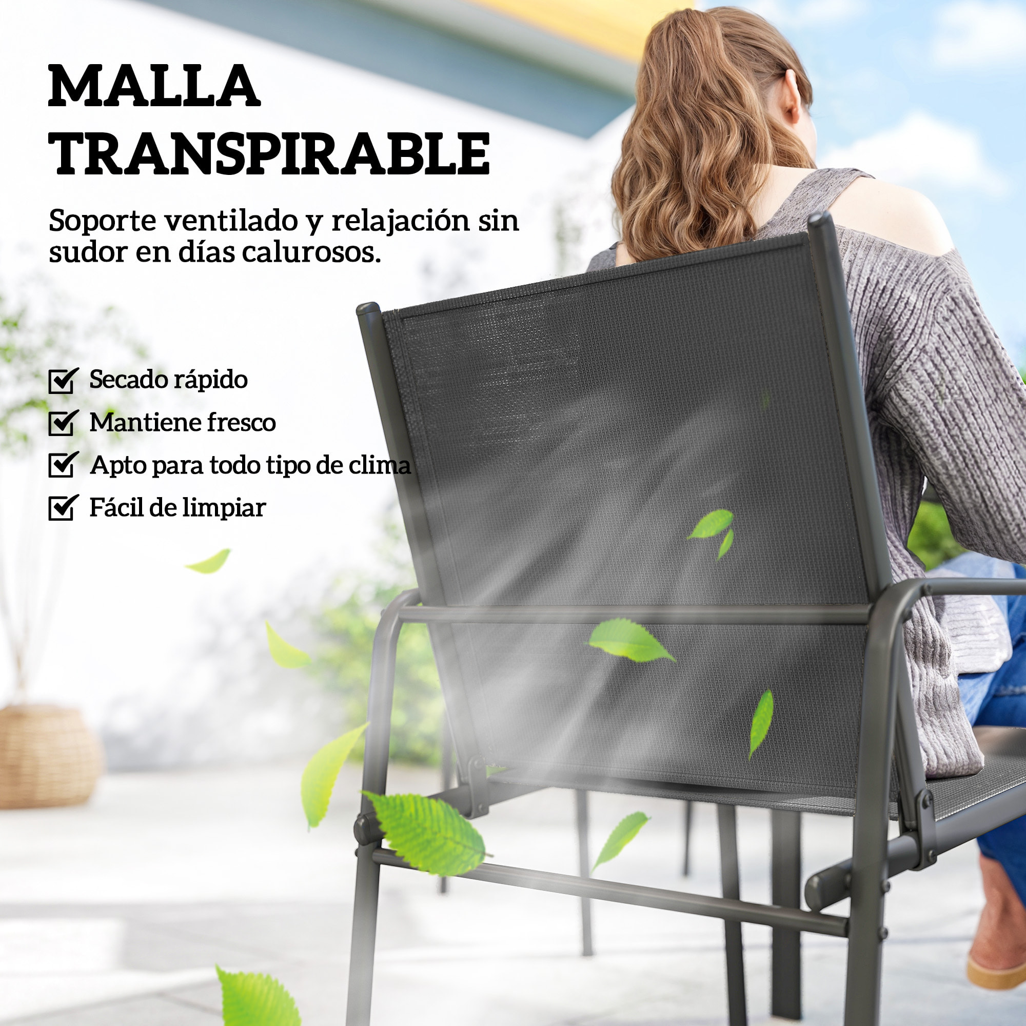 Conjunto de Mesa y Sillas Jardín de 7 Piezas, Muebles de Jardín Exterior con Mesa de Efecto Madera y 6 Sillas con Asiento Transpirable, Marco de Acero Galvanizado, para Terraza, Patio, Negro