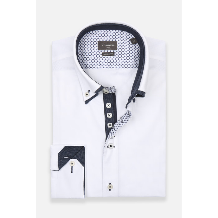 Camicia Uomo 2 Bottoni Button Down 7bottoni Doppio Coll Jacquard Fantasia Bianco e Bianco