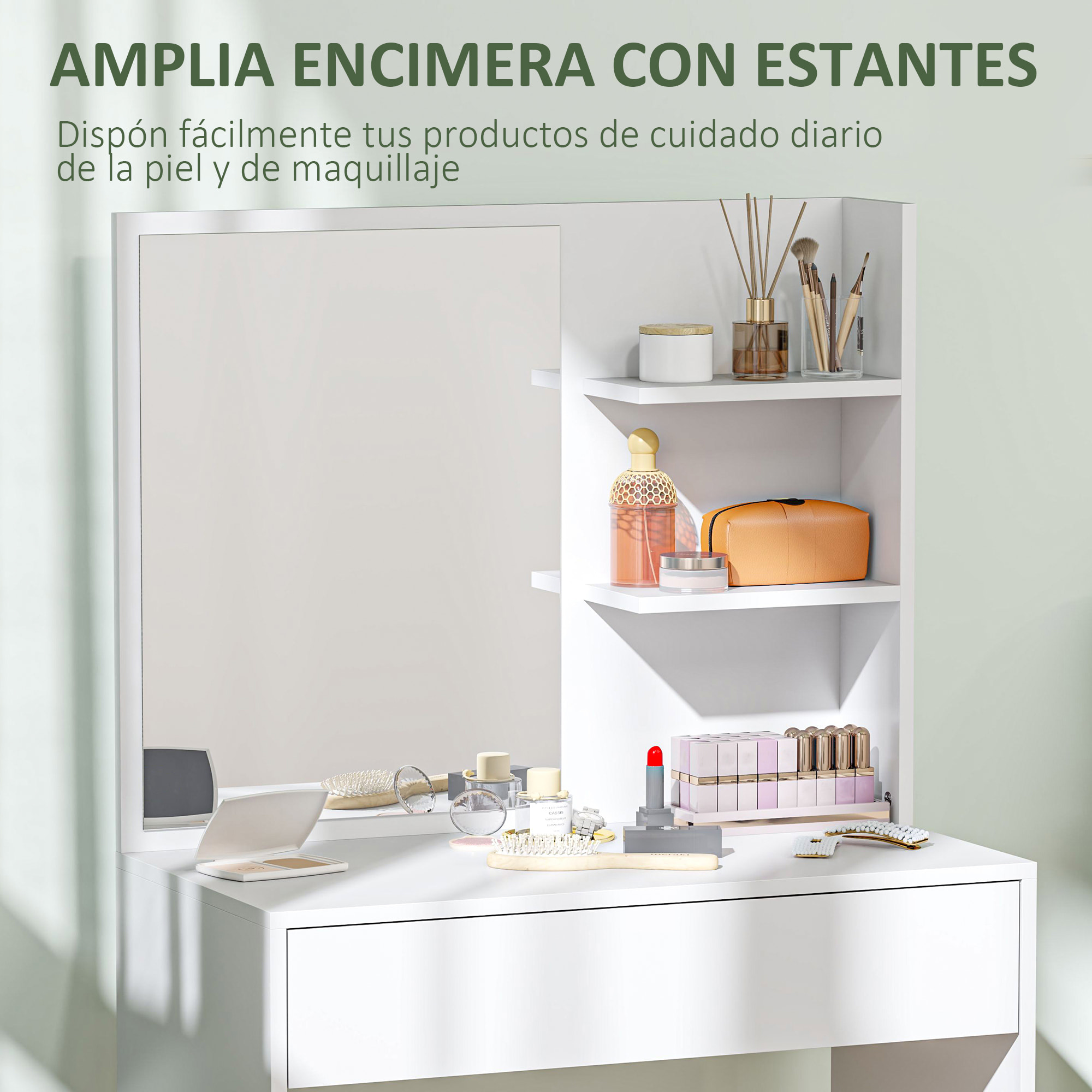 Tocador de Maquillaje con Espejo Mesa de Maquillaje con Cajón y Estantes Abiertos Tocador para Dormitorio Salón Blanco