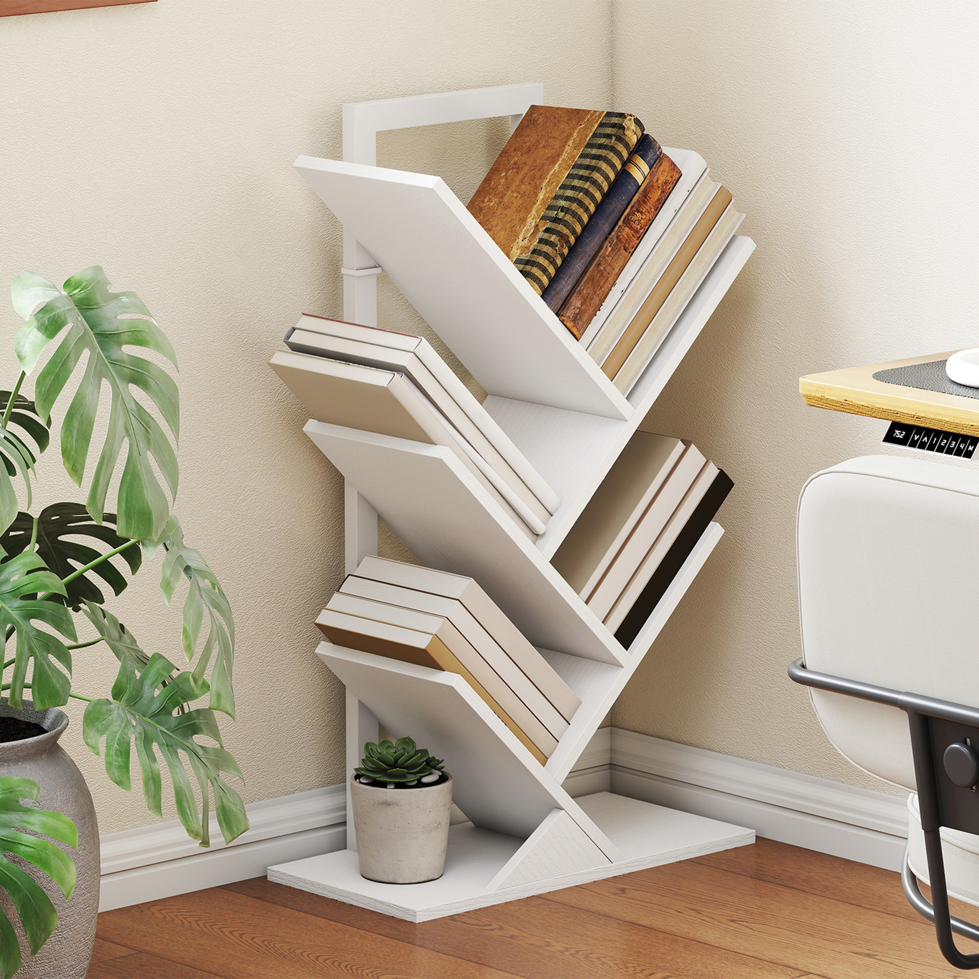 Librería en Forma de Árbol de 5 Niveles, Estantería de Libros con 5 Estantes, Estructura de Acero, para CD, DVD, Álbumes, Sala de Estar, Oficina, Estudio, Dormitorio, 50x24x82 cm, Blanco