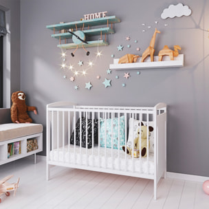 Lit Bébé Évolutif Margot 60x120 cm en Bois, Blanc, Sommier Réglable 3 Hauteurs, Barreaux Amovibles